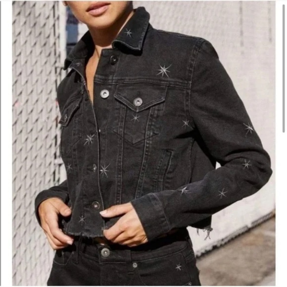 Pistola Brando Star Embroidered Raw Hem Cropped Jean Jacket Washed Black Small